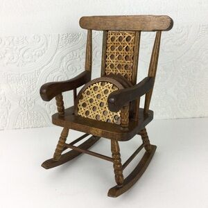 Vintage MCM wooden rattan miniature rocking chair with coasters set of 3